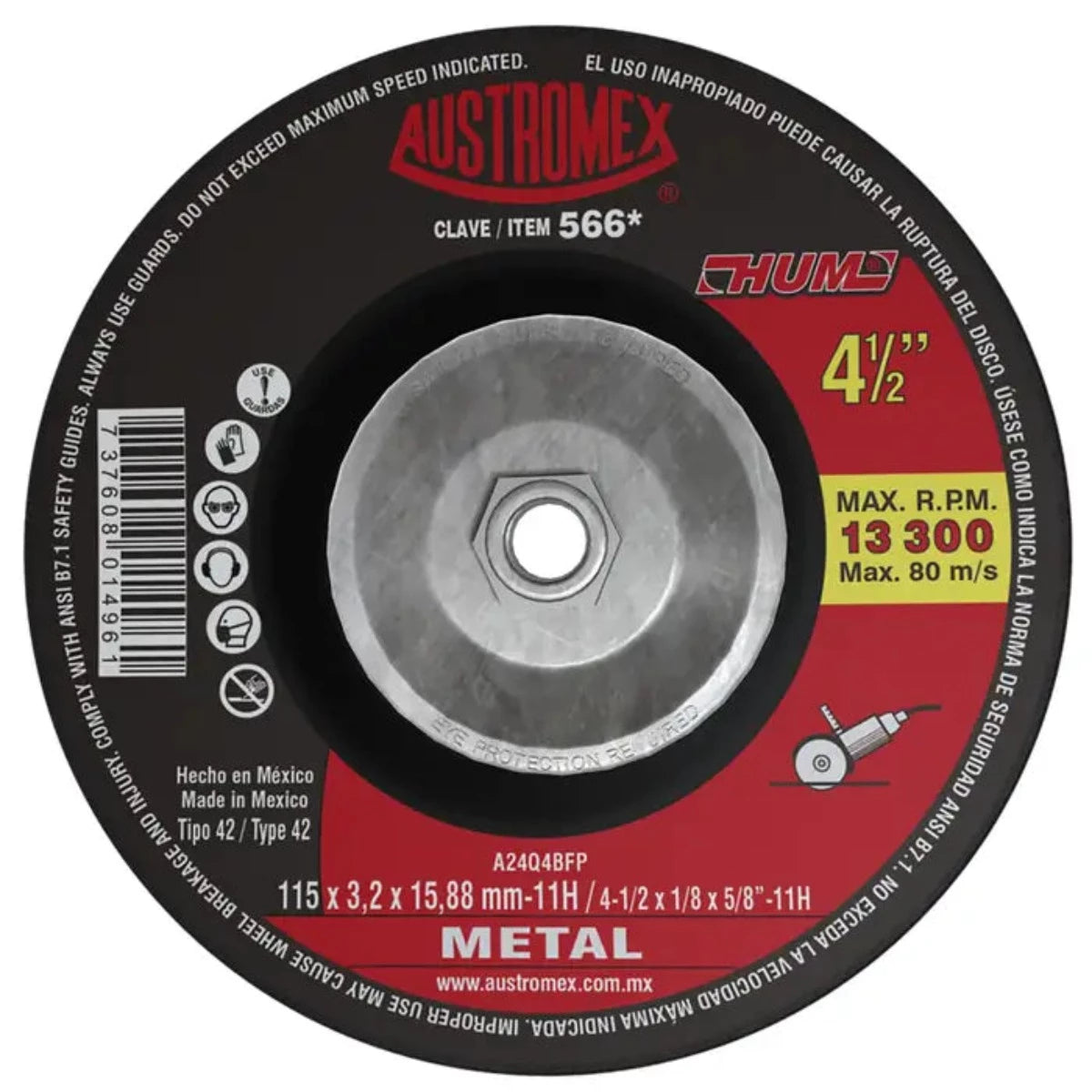 DISCO DE CORTE  METAL 4 1/2" X 1/8" X 7/8"  566 AUSTROMEX HUM