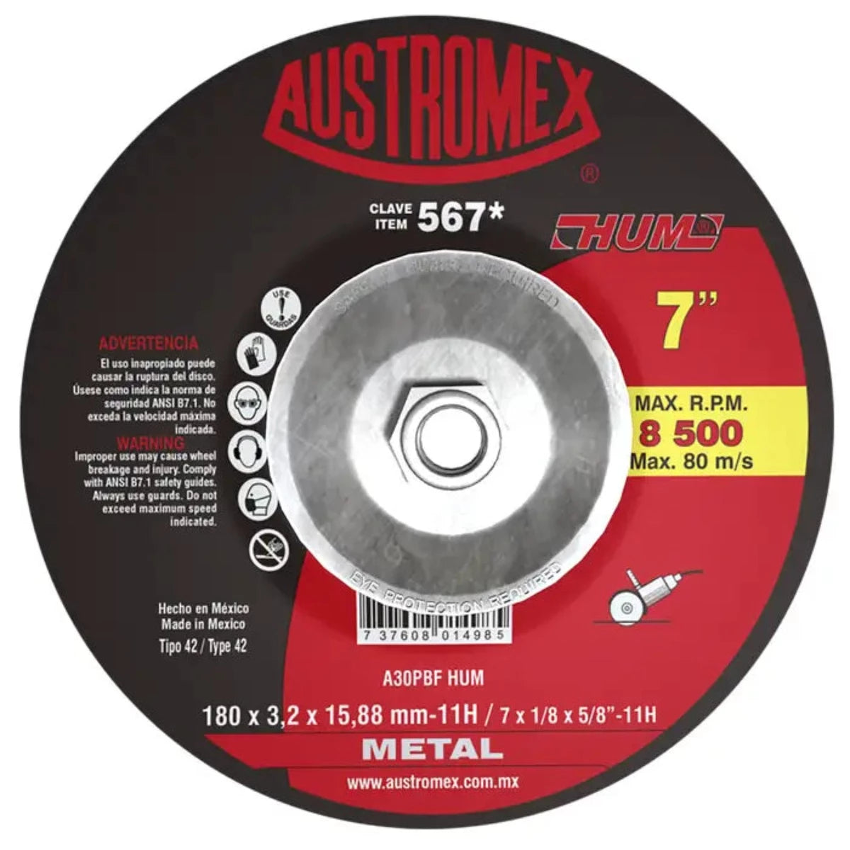 DISCO DE CORTE METAL 7" X 1/8" X 7/8" 567 AUSTROMEX HUM