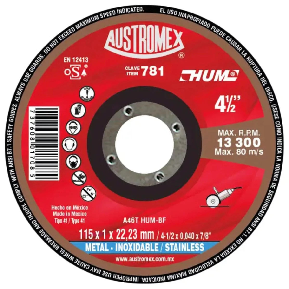 DISCO DE CORTE METAL/INOX 4 1/2" X 1MM X 7/8" DELGADO 781 AUSTROMEX HUM