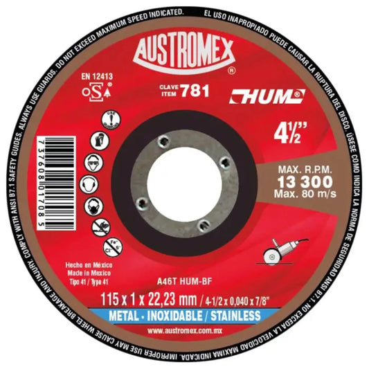 DISCO DE CORTE METAL/INOX 4 1/2" X 1MM X 7/8" DELGADO 781 AUSTROMEX HUM