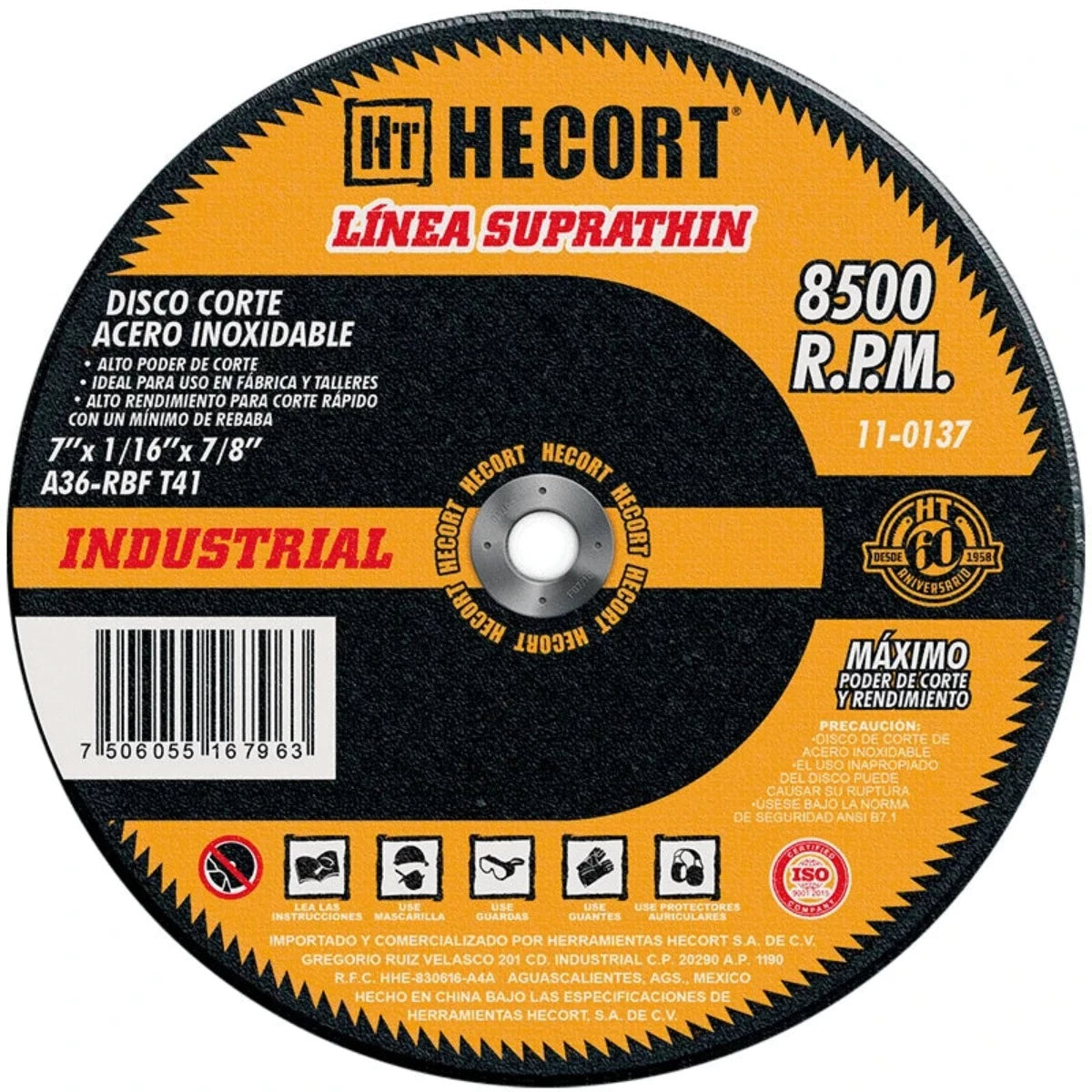 DISCO DE CORTE PARA ACERO INOXIDABLE  INDUSTRIAL 7" X 1/16" X 7/8" T41 HECORT