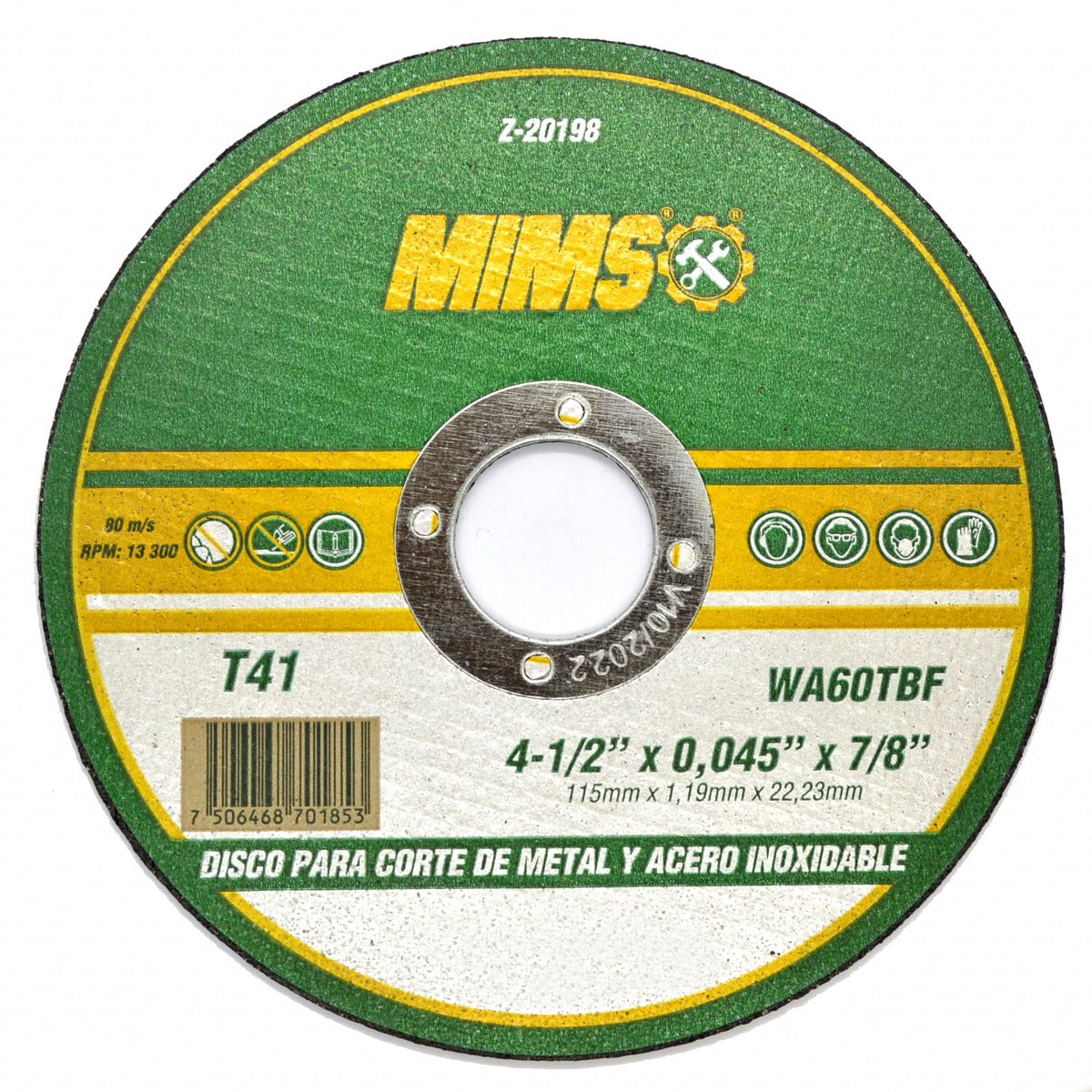 DISCO DE CORTE PARA INOXIDABLE Y METAL 4 1/2" X 3/64" X 7/8 MIMS WESTON