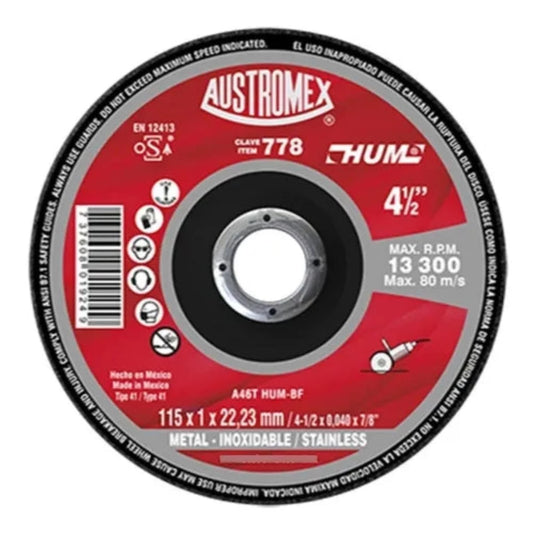 DISCO DE CORTE METAL/INOX 4 1/2" X 1MM X 7/8" 778 AUSTROMEX HUM